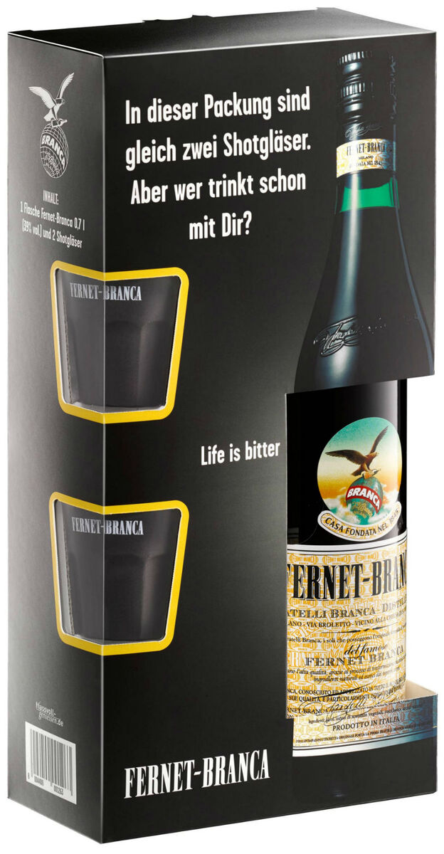 Fernet-Branca „Life is bitter“- Geschenkset mit neu designten Shotgläsern 