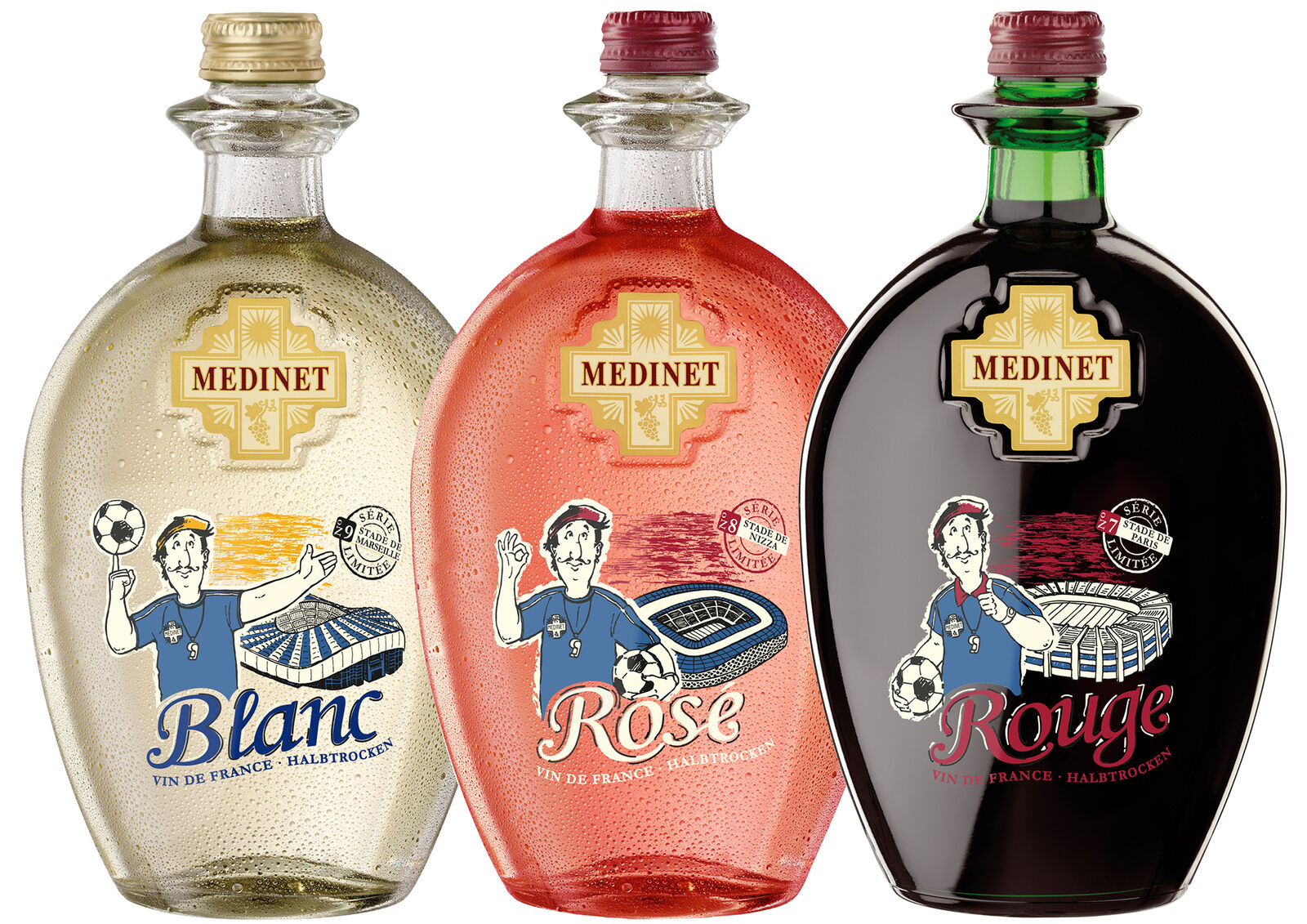 MEDINET‘s Henrí, der sympathische Franzose, stellt auf der Flasche von MEDINET Rouge, Blanc und Rosé, die bekannten Spielorte und Stadien in Paris, Marseille und Nizza vor.