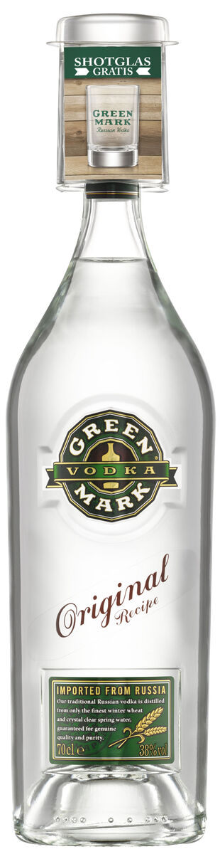 Green Mark Vodka mit Shotglas-Onpack aufmerksamkeitsstark im Handel