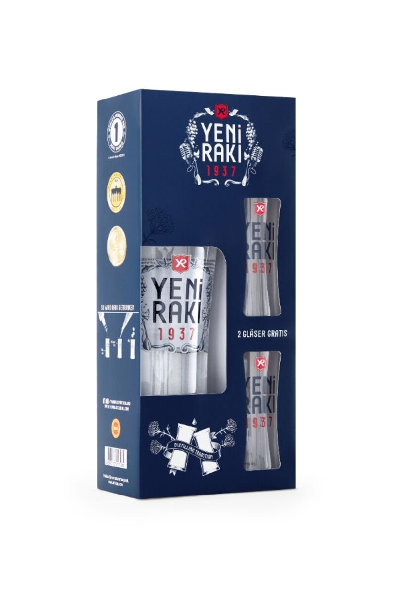 Yeni Rakı mit zwei hochwertigen Gläser im Yeni Rakı „1937“- Design.