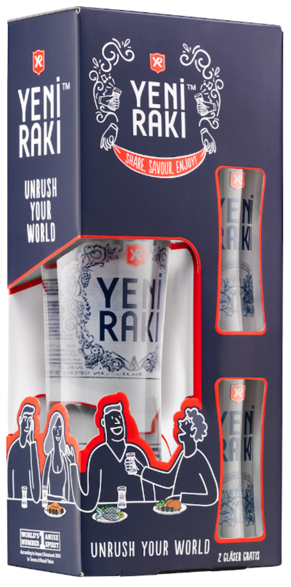 Yeni Rakı Geschenkset Yeni Rakı in neu gestaltetem Geschenkset mit zwei Designgläsern